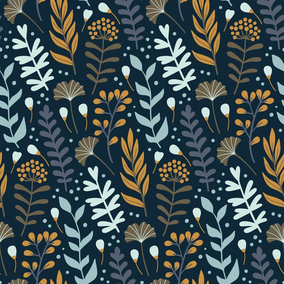 Modern seamless pattern with wild floral elements. Hand drawn flowers, herbs and leaves. Vector wallpaper.