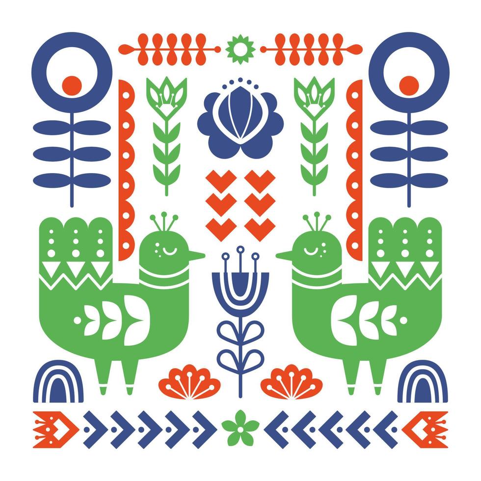 composición decorativa con pájaros y elementos florales decorativos. adornos nórdicos, patrón de arte popular. plantilla vectorial para su diseño. vector