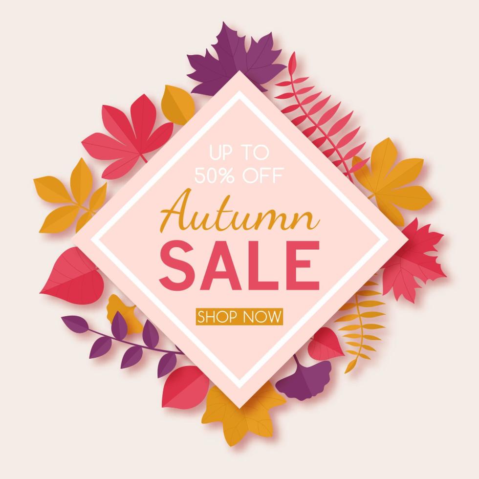 Seasonal autumn sale advertising design template. Paper art style. Vector autumnal banner.