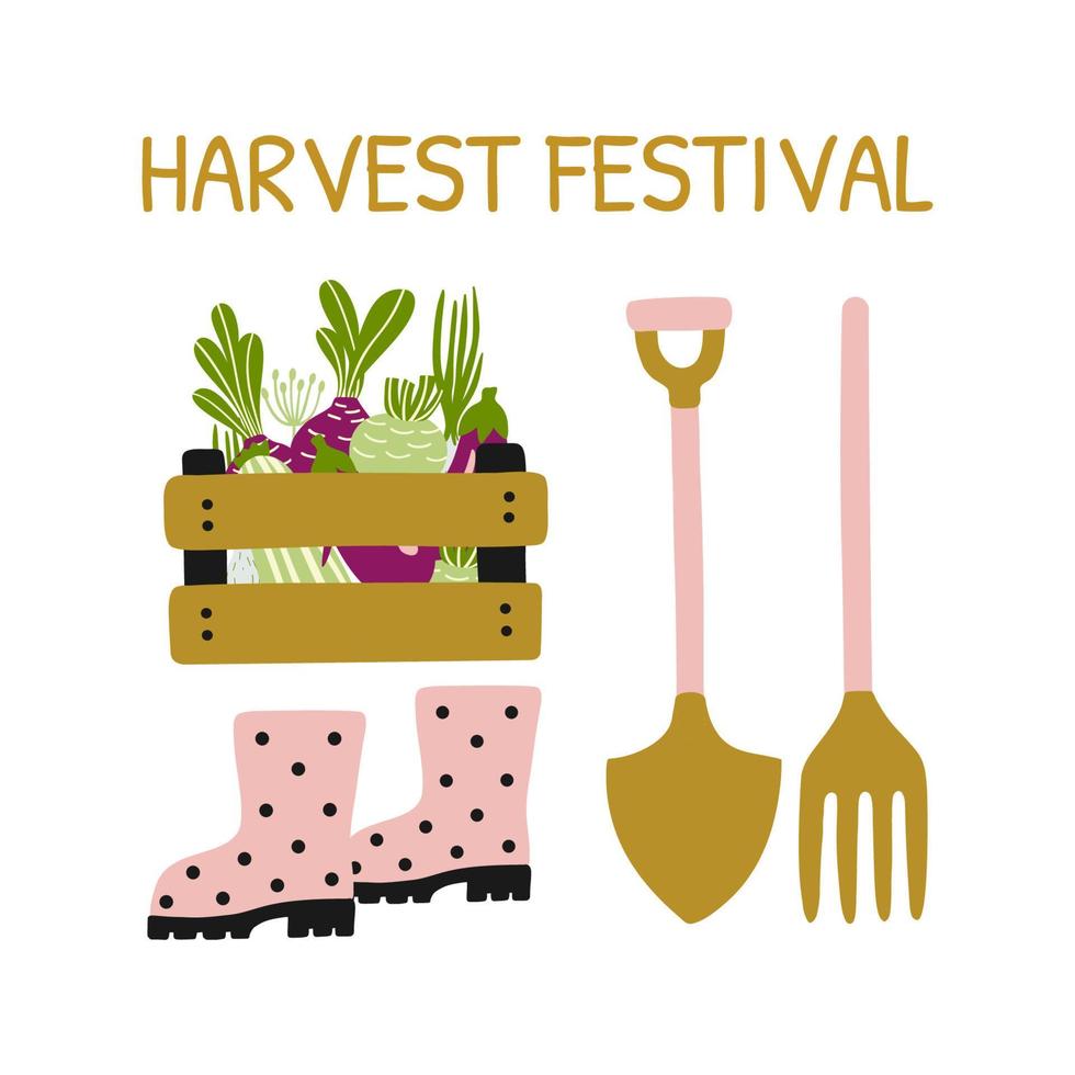 Hand drawn card with gardening tools,rubber boots, vegetables in a box and lettering Harvest Festival. Cartoon food print. Vector illustration.