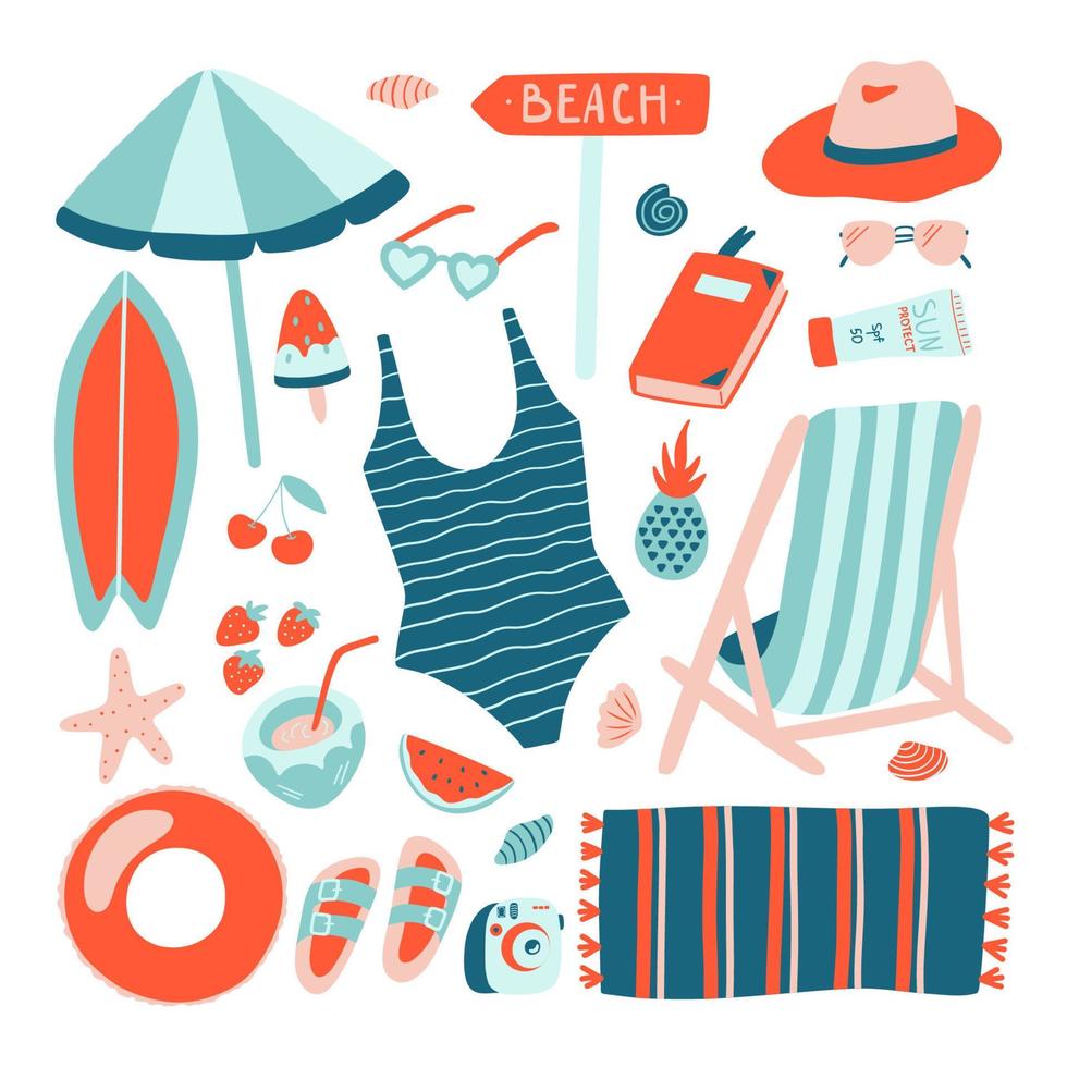 colección de objetos de playa de verano dibujados a mano. estilo garabato. plantilla de diseño vectorial. imágenes prediseñadas de vacaciones. vector