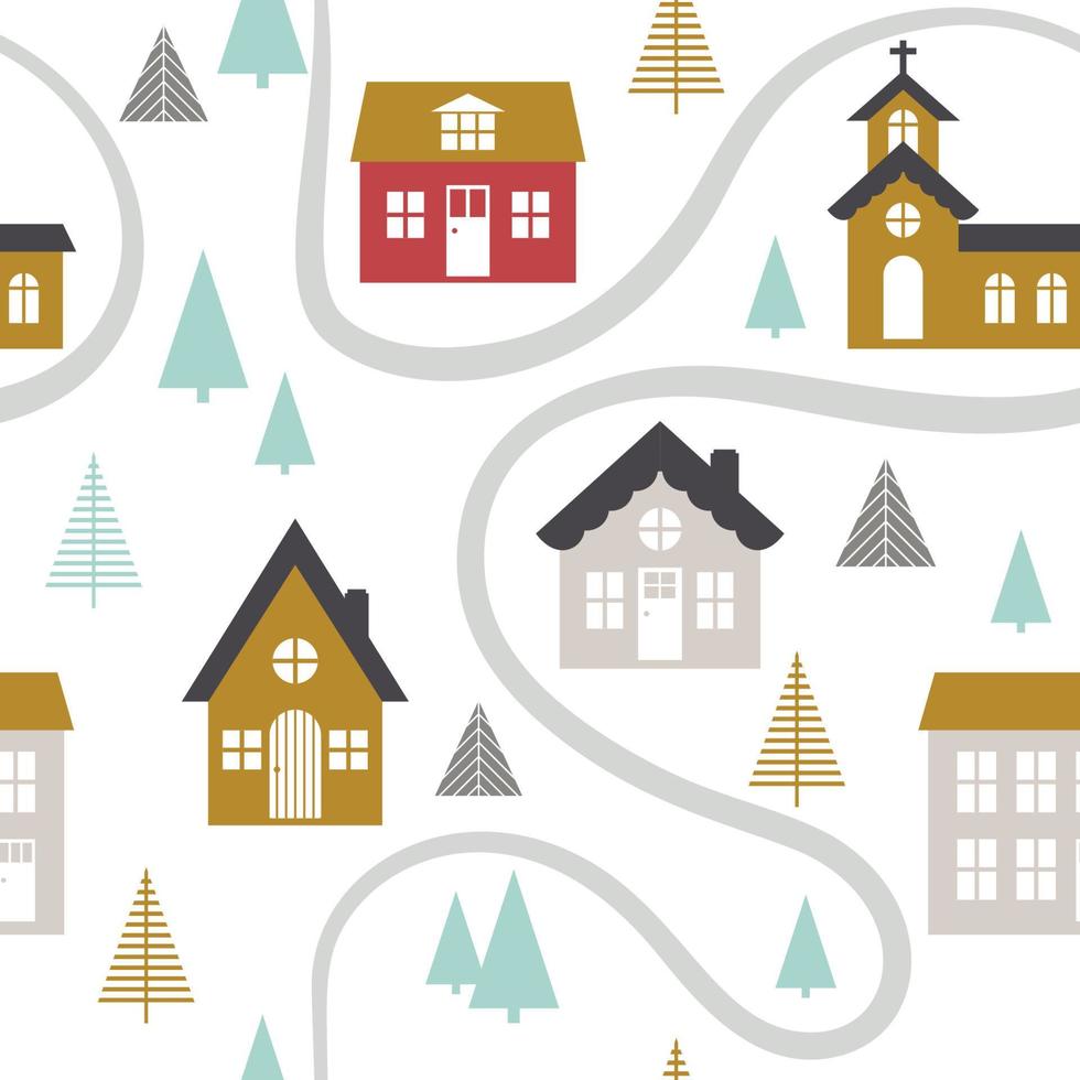 Modern seamless childish pattern with cute houses in scandinavian style. Kids simple holidays texture, good for print. Vector repetitive background.