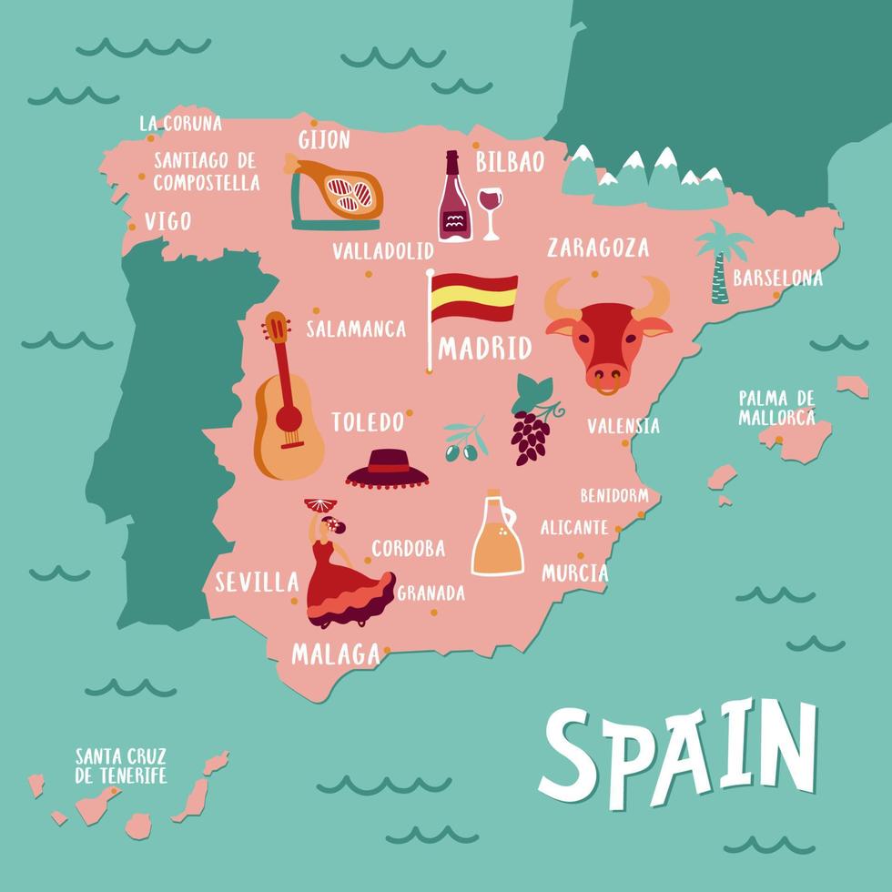 Vector tourist map of Spain. Travel illustration with spanish national atributics. Vector illustration.