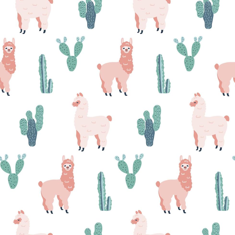 Modern seamless hand drawn pattern with alpacas and cacti. Childish texture. Good for fabric, textile Vector Illustration