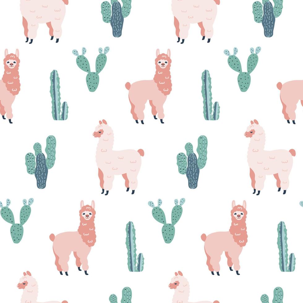 patrón moderno dibujado a mano sin costuras con alpacas y cactus. textura infantil. bueno para tela, ilustración vectorial textil vector