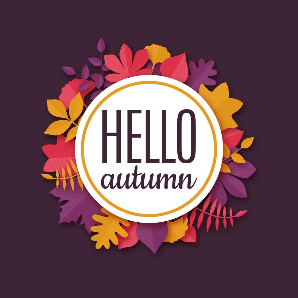 Colorful origami seasonal banner with text Hello autumn. Paper art design template. Vector greeting banner.