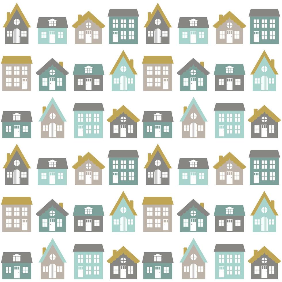 Modern seamless childish pattern with cute houses in nordic style. Kids texture for print. Vector repetitive background.