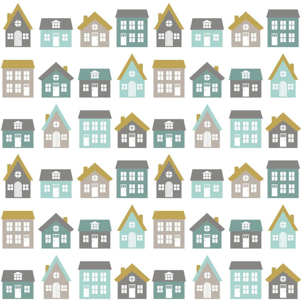 Modern seamless childish pattern with cute houses in nordic style. Kids texture for print. Vector repetitive background.