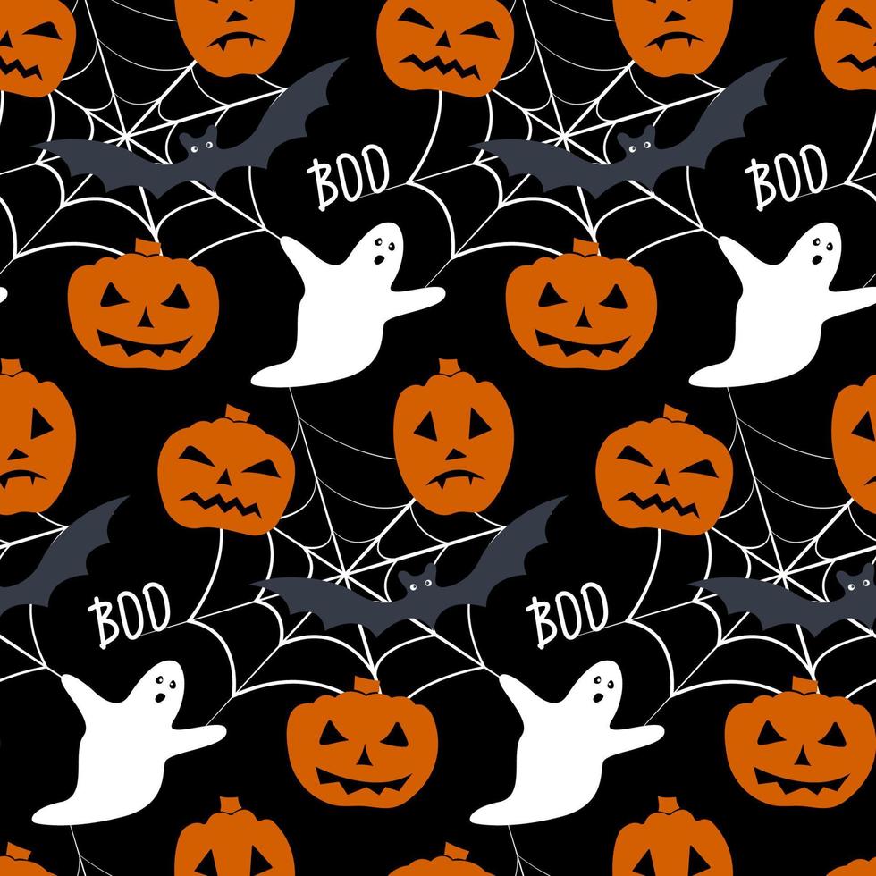 Seamless pattern with - pumpkin, ghost, spider web and bat. Vector repetitive wallpaper for Halloween.