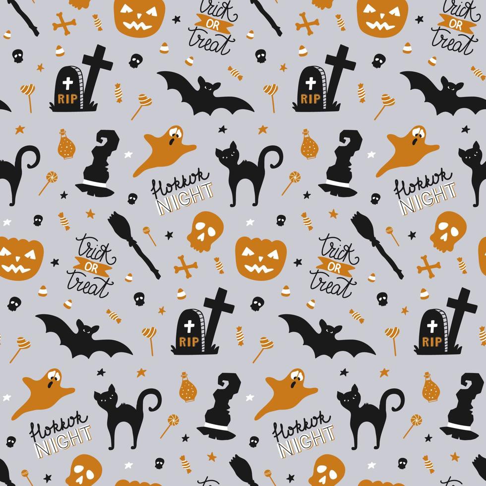 patrón sin fisuras dibujado a mano para halloween con calabaza, caramelo, fantasma, araña, murciélago, sombrero de bruja, gato, cráneo, letras. impresión divertida de garabatos. papel tapiz vectorial. vector