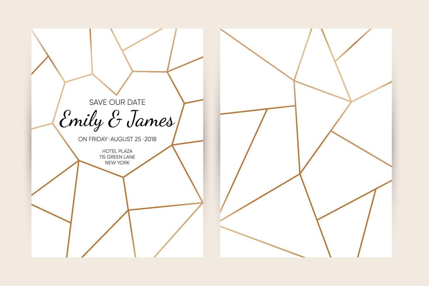 Wedding invitation card set. Modern design template with gold abstract geometric pattern. Elegance wedding invitation. Vector illustration.