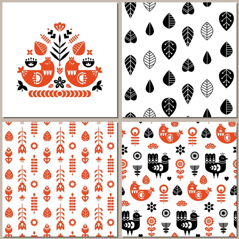 Folk art pattern collection with seamless and single pattern. Monochrome retro floral pattern. Composition with bird and floral elements. Nordic style. Vector design templates set.