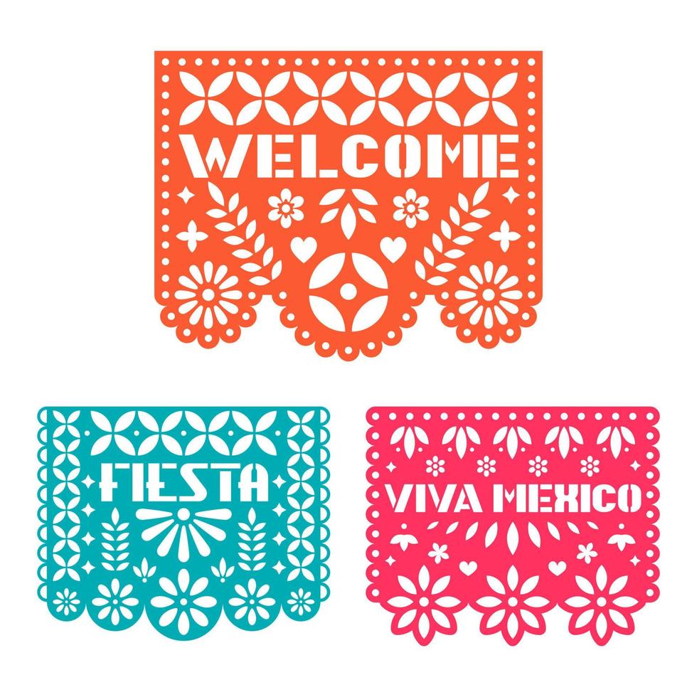 Paper greeting card with cut out flowers, shapes and text. Papel Picado vector template design set isolated on white background. Traditional Mexican paper garland.