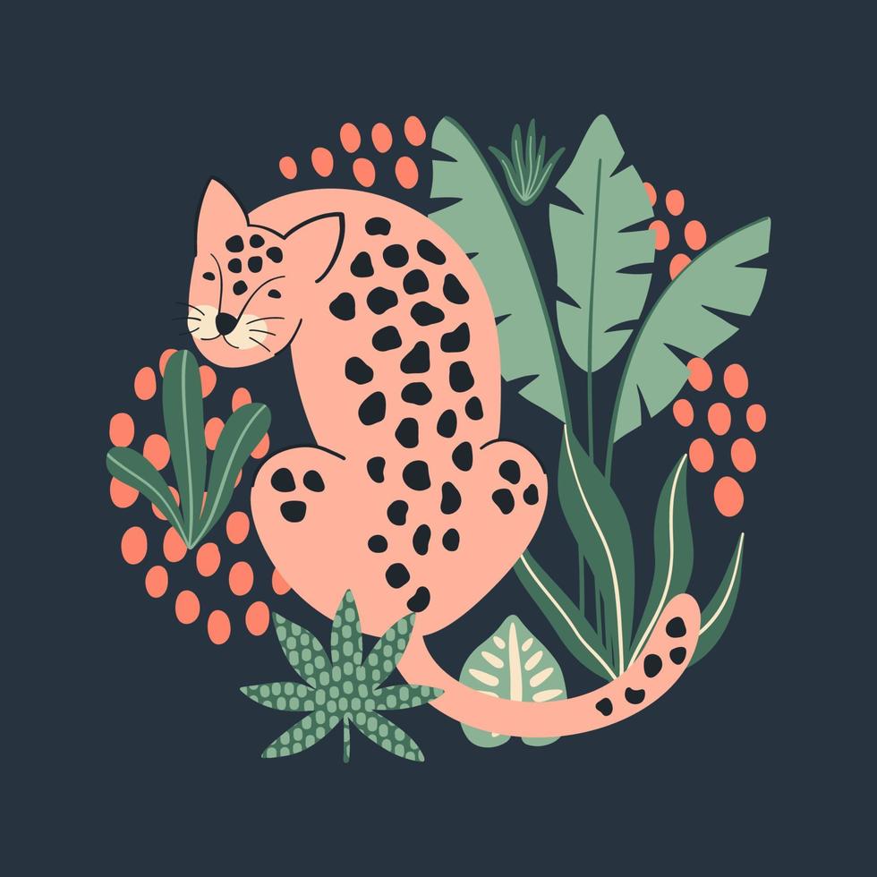 Hand drawn print with cute pink Leopard and tropical leaves. Vector illustration.