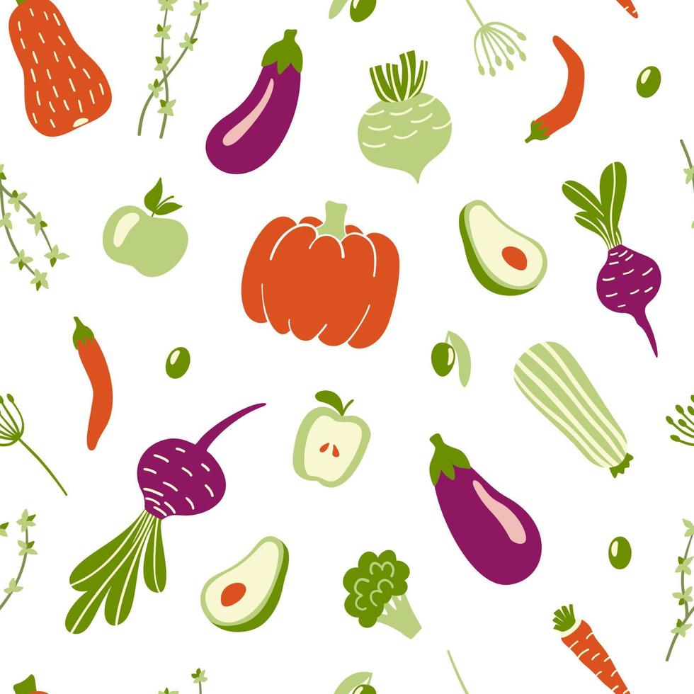 Modern seamless pattern with hand drawn colorful doodle vegetables. Vector illustration. Good for printing.