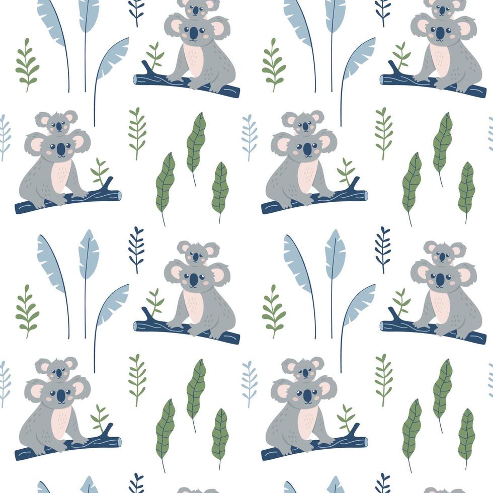 Hand drawn seamless pattern with Koala mother and Koala child. Cute Koala Bear print. Vector wallpaper.