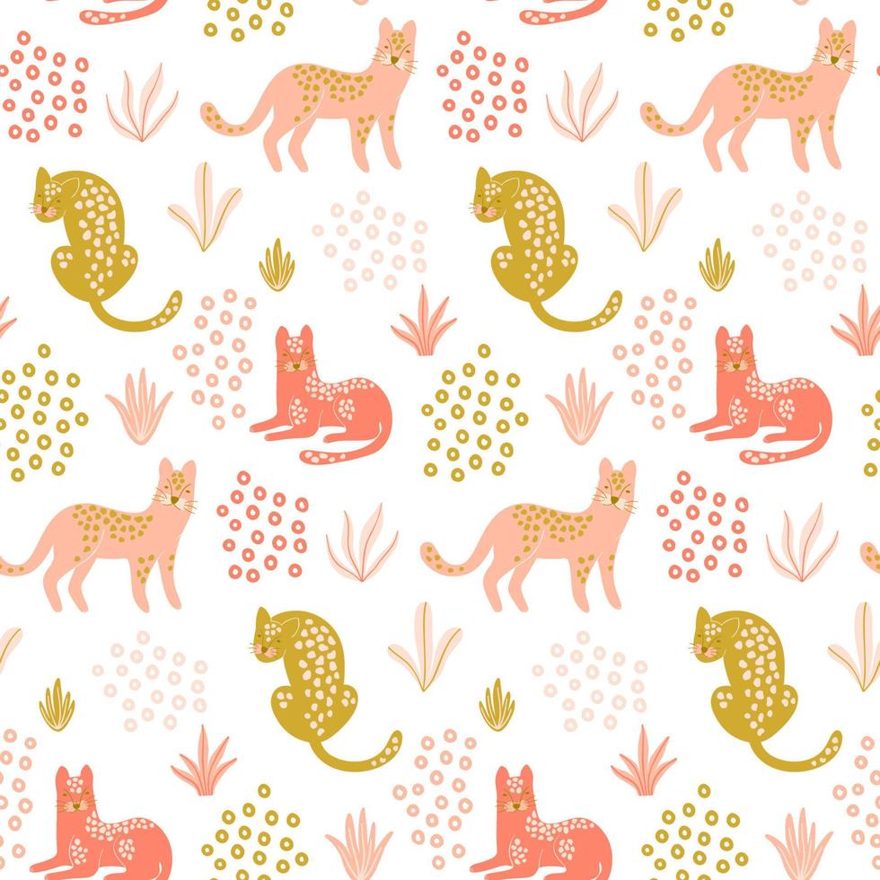 Cute seamless pattern with Leopards, tropical leaves and shapes. Hand drawn wallpaper. Vector design template. Good for print, fabric, wrapping paper , childish apparel etc.