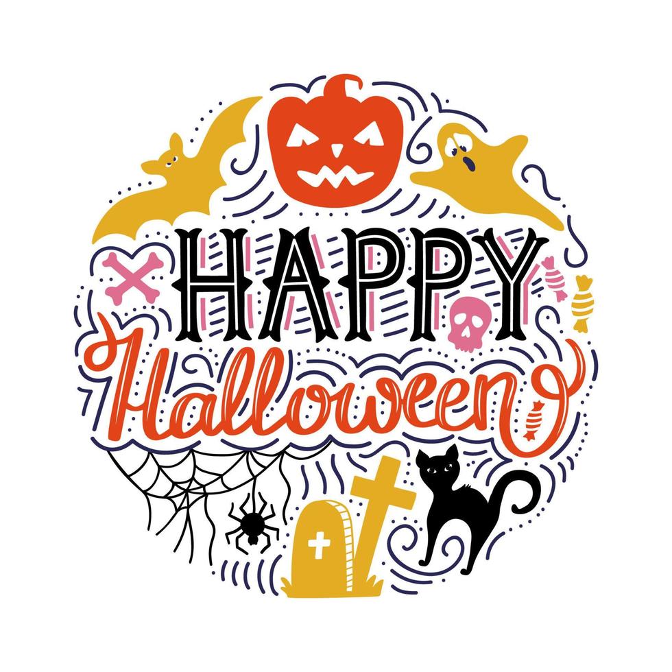 impresión de círculo dibujado a mano con letras feliz halloween y garabatos calabaza, gato, murciélago, fantasma. ilustración vectorial vector