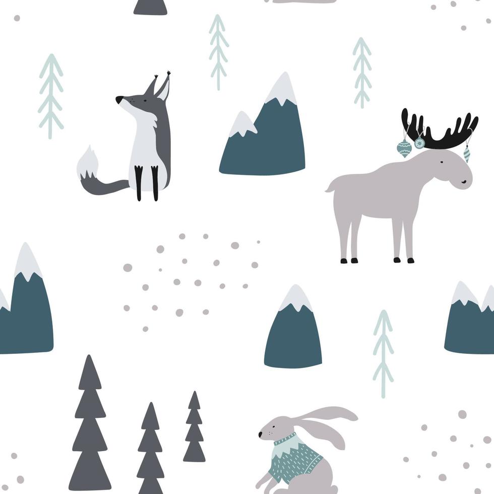 Hand drawn seamless pattern with wild animals. New Year scandinavian print. Good for fabric, textile. Christmas vector wallpaper.