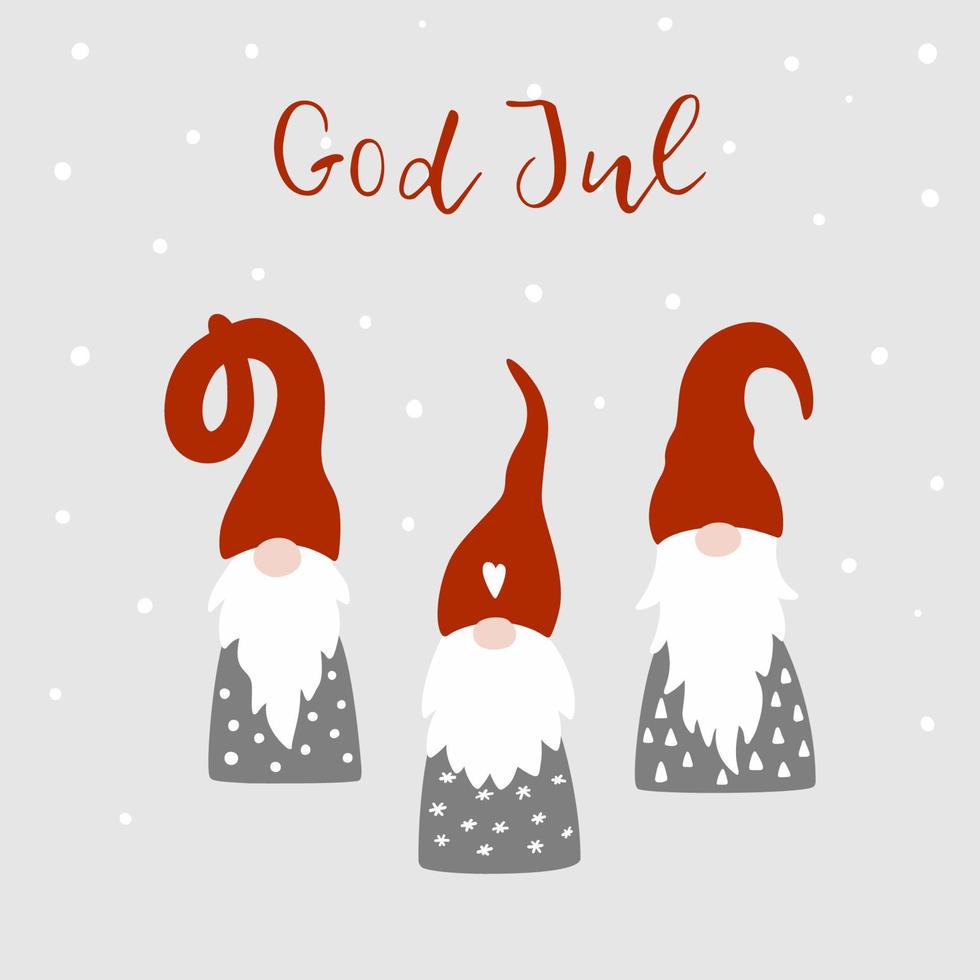 tarjeta de felicitación con lindos gnomos escandinavos, copos de nieve y texto dios jul, en inglés feliz navidad. ilustración de gnomo tomte. plantilla de diseño de vector de feliz año nuevo.