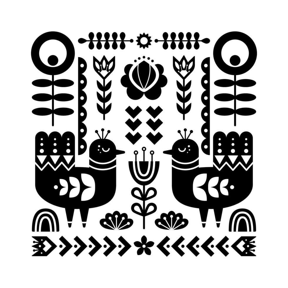 Decorative black and white composition with birds and decorative floral elements. Nordic ornaments, folk art pattern. Vector template for your design.