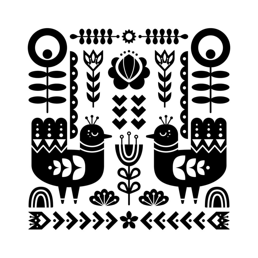 Decorative black and white composition with birds and decorative floral elements. Nordic ornaments, folk art pattern. Vector template for your design.