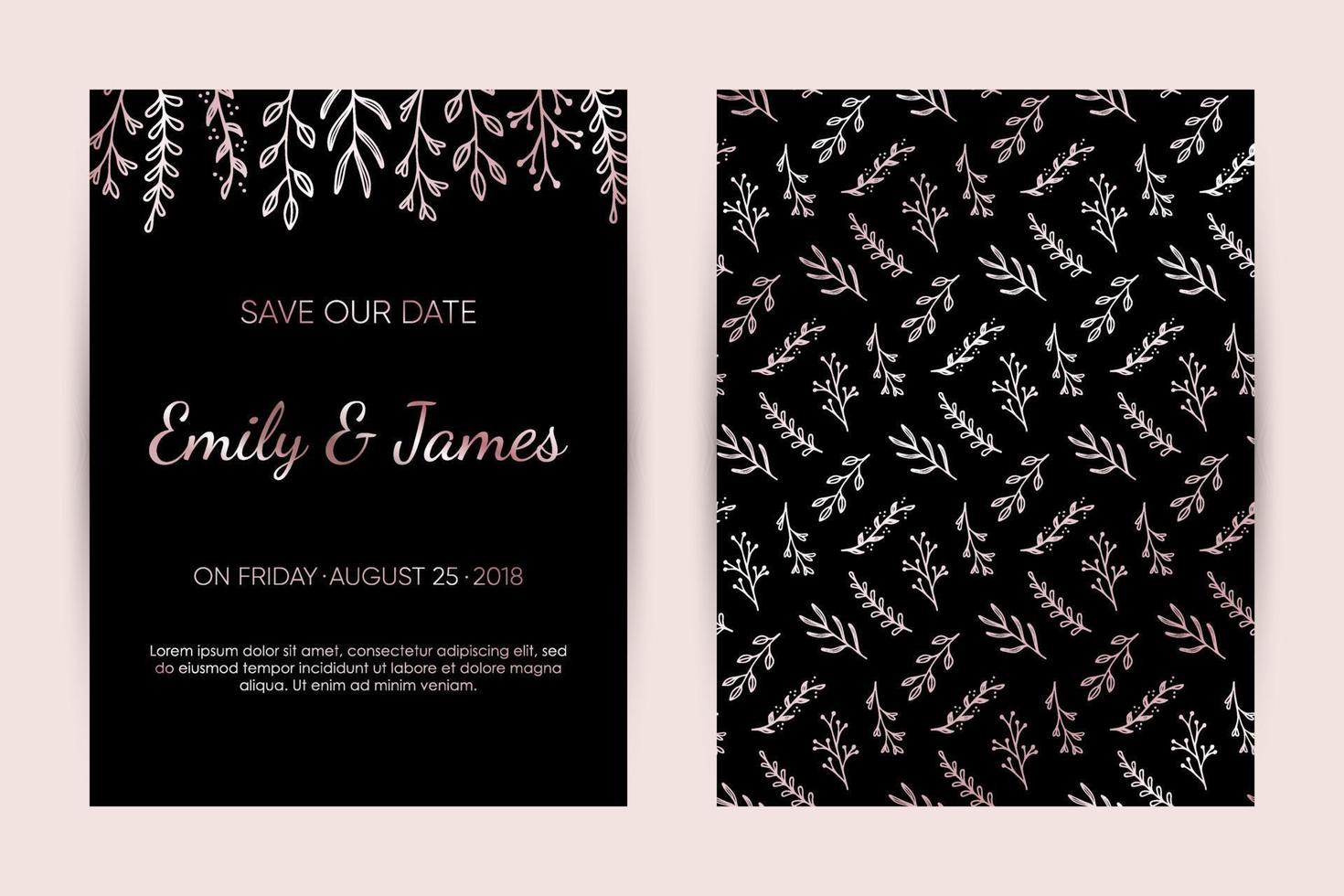 Wedding invitation card set. Modern design template with rose gold floral elements. Elegance wedding invitation. Vector illustration.