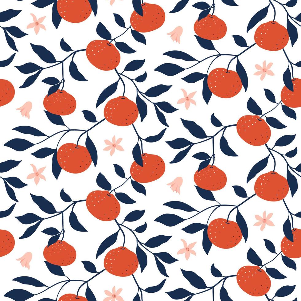 Hand drawn seamless pattern with Tangerines. Vector wallpaper with ripe citrus fruits. Good for fabric, textile, printing.