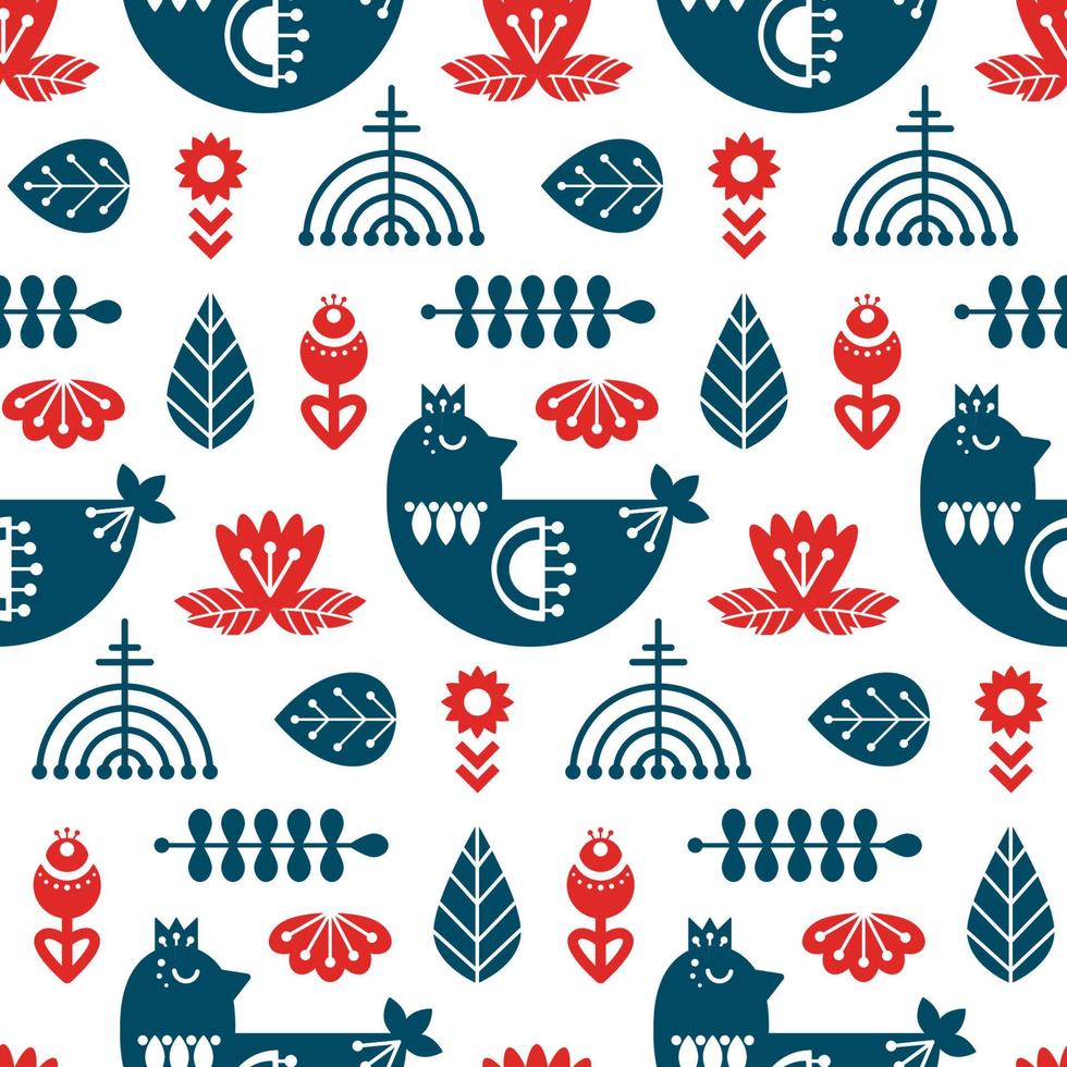 Folk art seamless pattern with bird and floral elements. Nordic decorative ornaments. Vector print.
