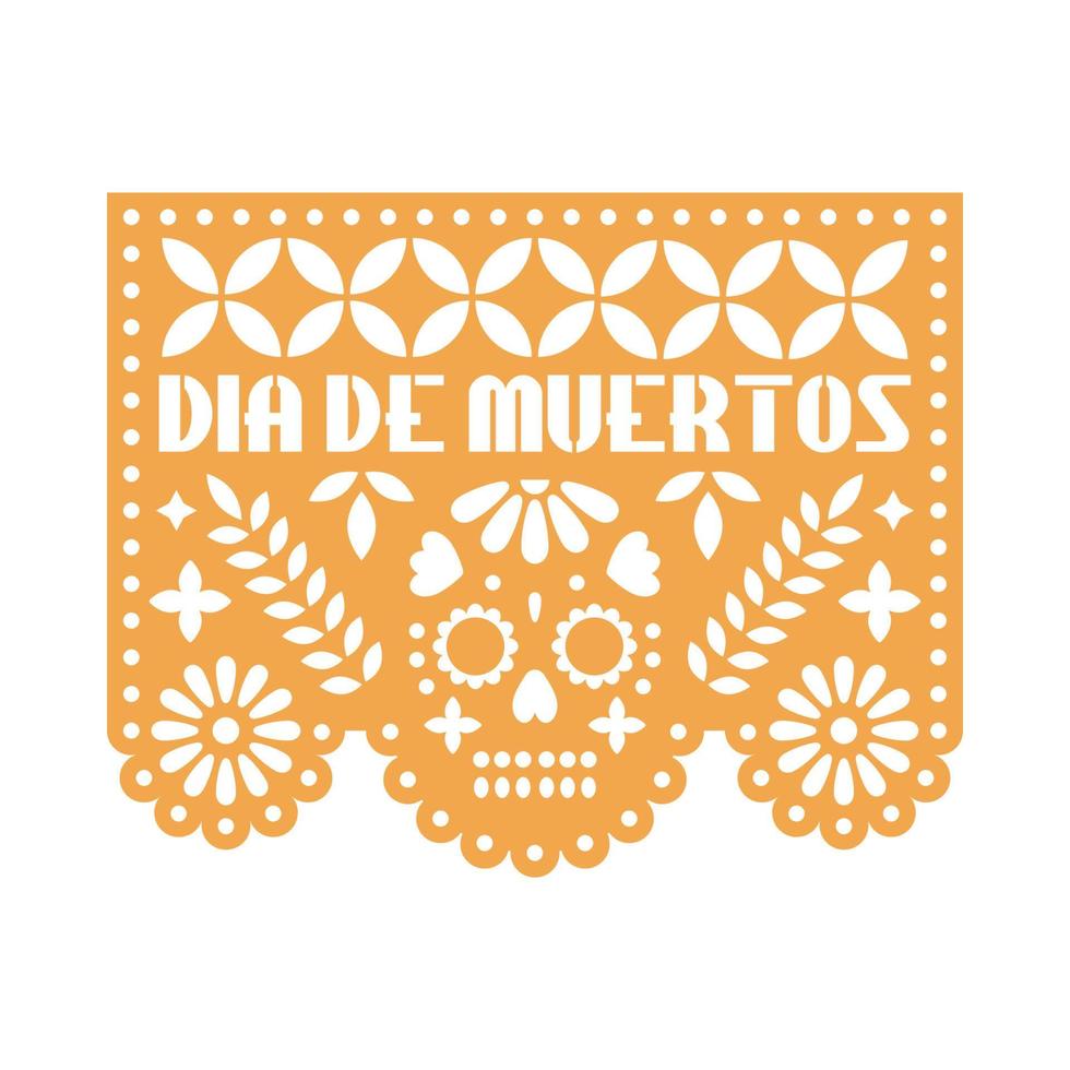 Yellow paper with cut out flowers and geometric shapes. Papel Picado vector template design isolated on white background. Traditional Mexican paper garland for celebrating Day of the Dead.