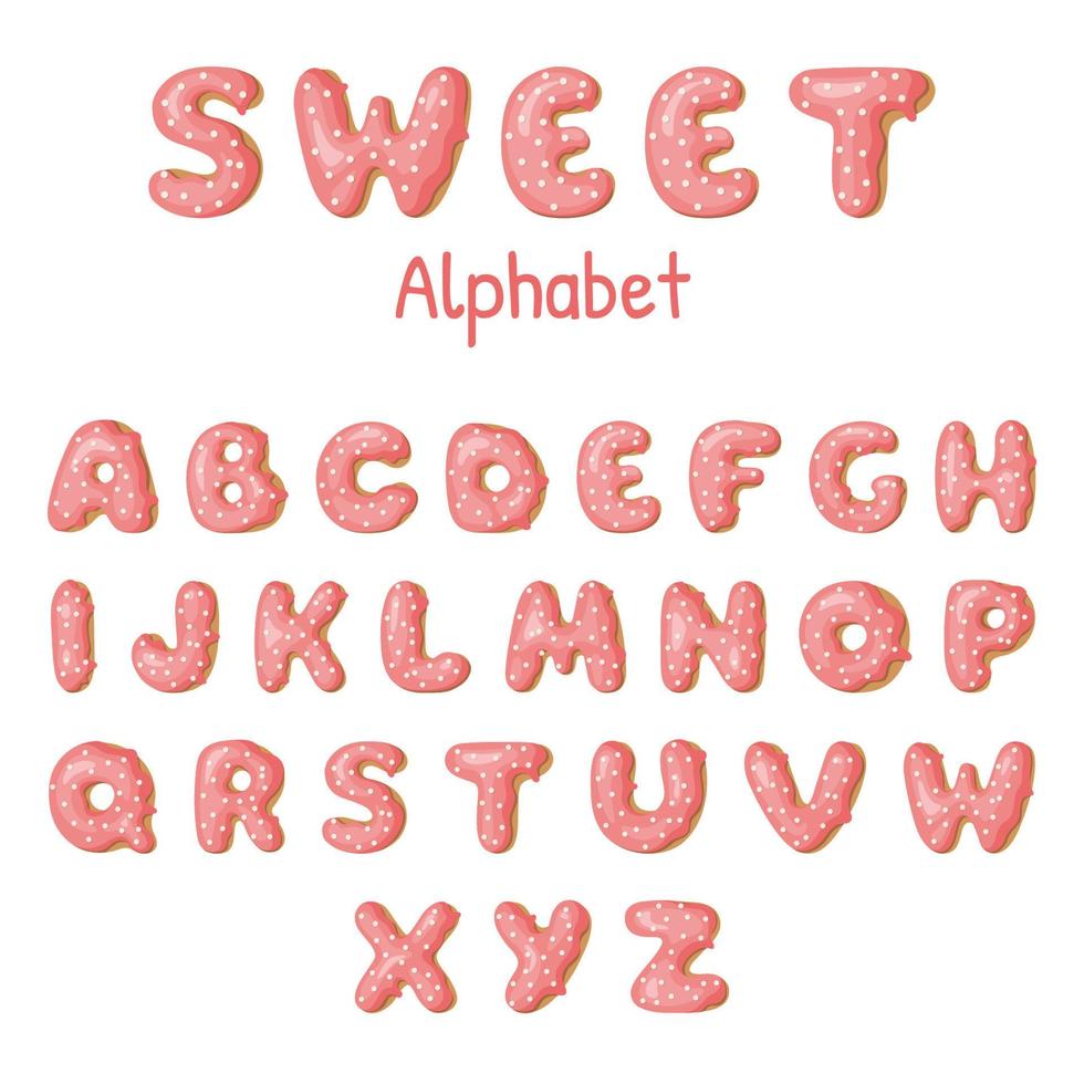 Hand drawn Donut letters. Pink Donuts ABC. Fun Alphabet. Vector template for your design.