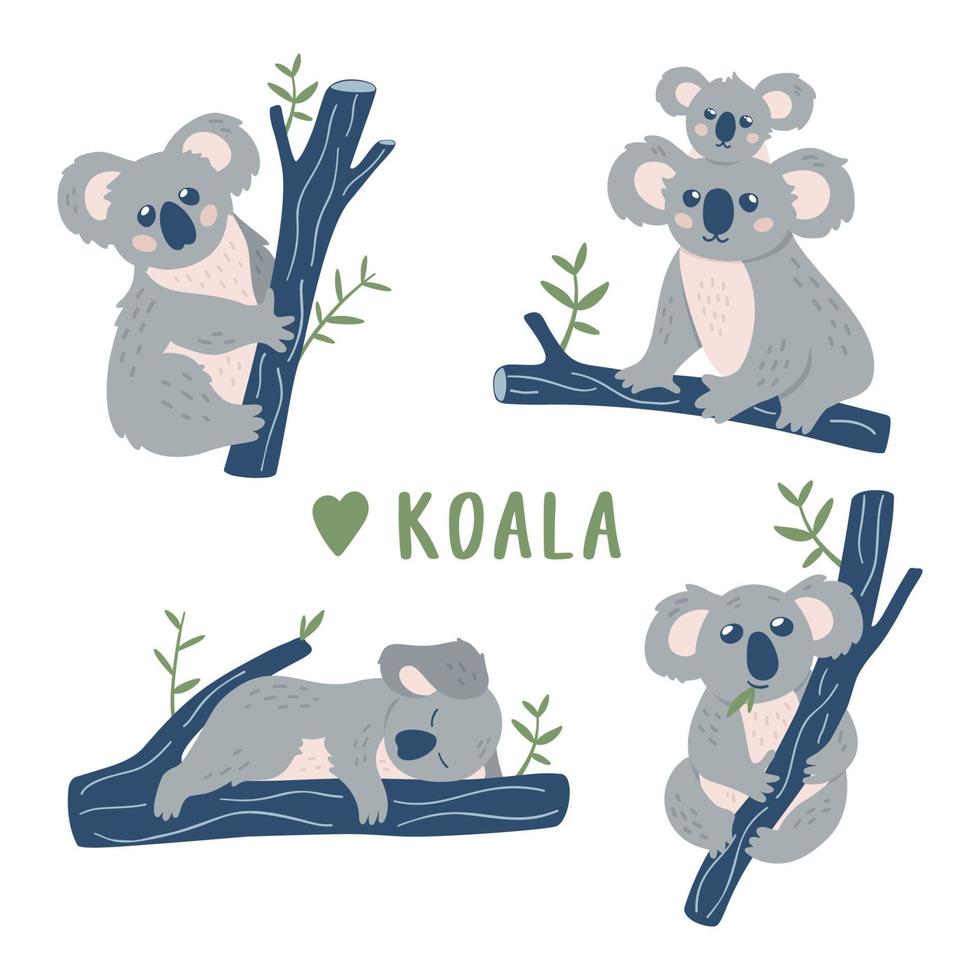 Hand drawn doodle Koala Bears collection. Cute Koala design template. Vector clipart.