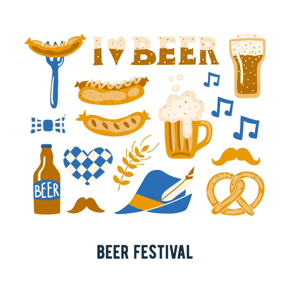 Set of Hand drawn traditional Beer festival attributes. Craft beer print. Doodle style. Vector template.