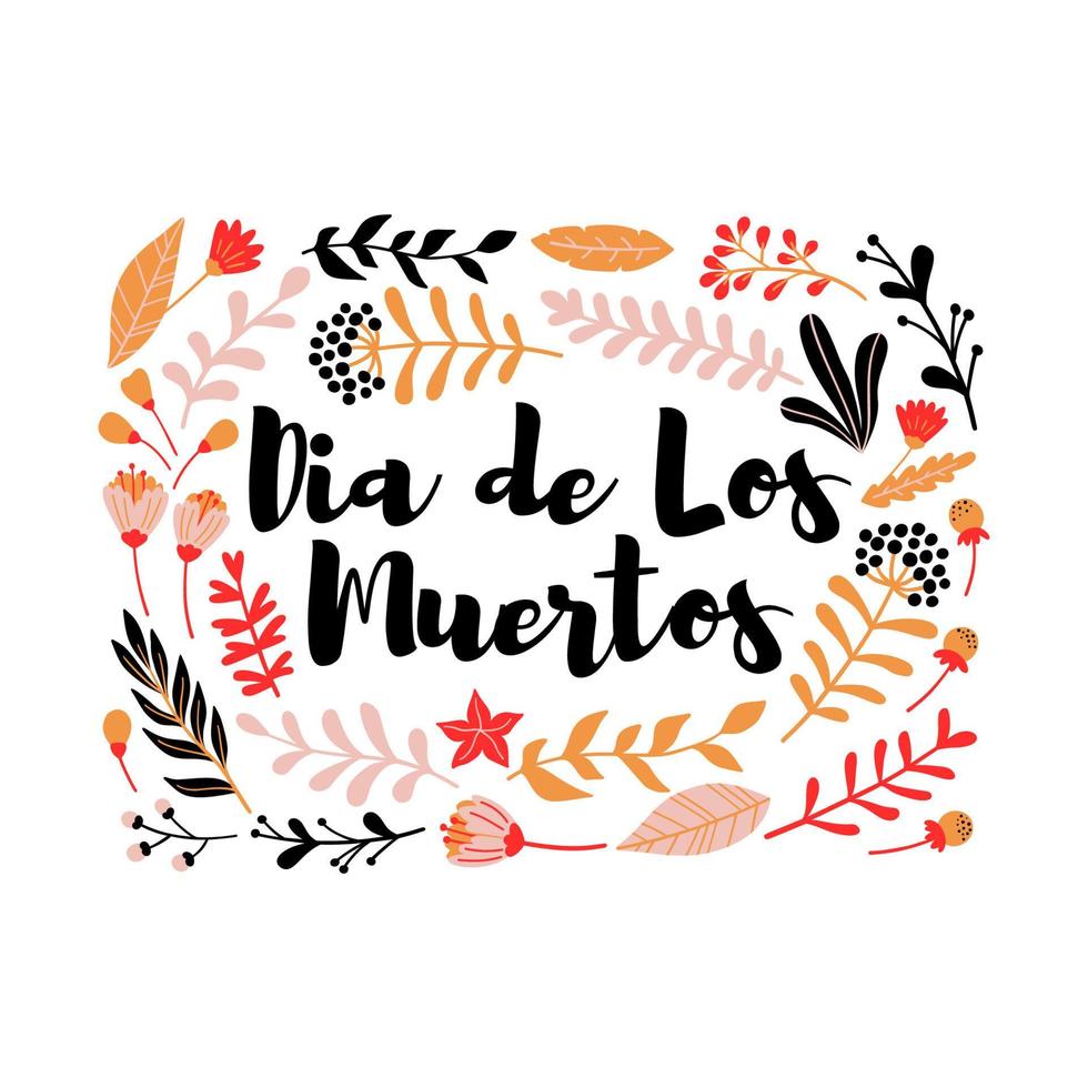 Decorative floral frame with inscription Dia de los muertos, mexican holiday Day of the dead. Vector card design.