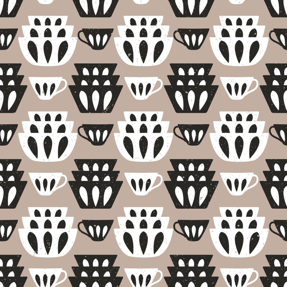 Cooking repetitive background for kitchen. Vector seamless pattern with plates and cups for kitchen fabrics, napkins, wrapping paper.