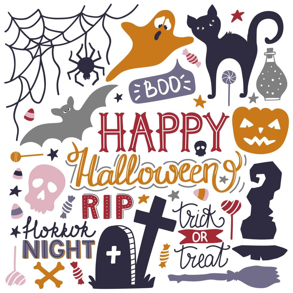 garabatos coloridos de halloween dibujados a mano impresos con letras, calabaza, murciélago, gato, fantasma y otros elementos. ilustración vectorial vector