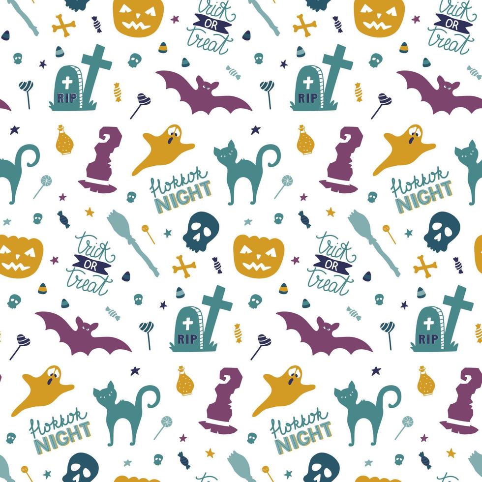 Funny Hand drawn seamless pattern for halloween with pumpkin, candy, ghost, spider, bat, witch hat, cat, skull, lettering. Vector wallpaper.
