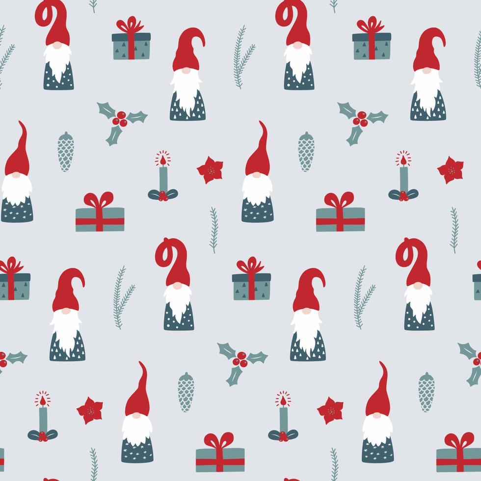 patrones sin fisuras con gnomos nórdicos y adornos festivos navideños. impresión escandinava dibujada a mano. papel tapiz vectorial para la temporada de invierno. vector