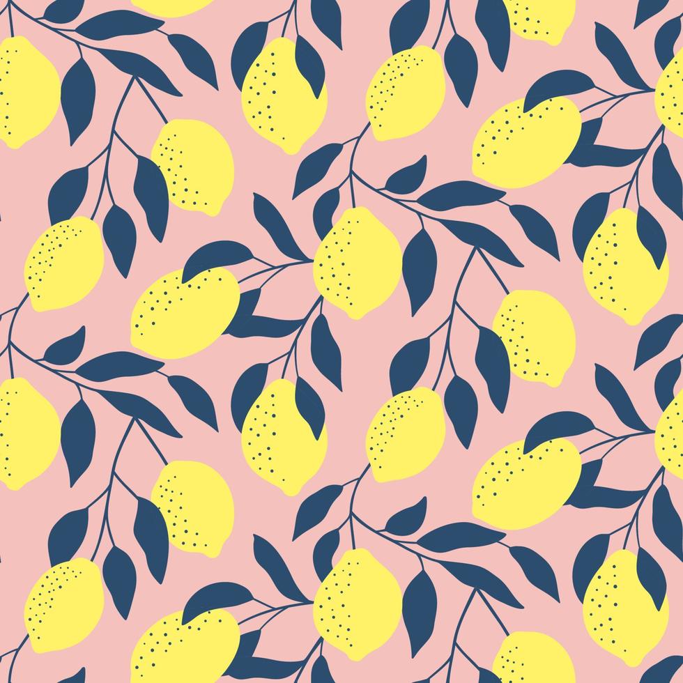 Hand drawn seamless pattern with fresh lemons. Colorful summer wallpaper . Citrus fruits collection. Vector background. Good for printing.