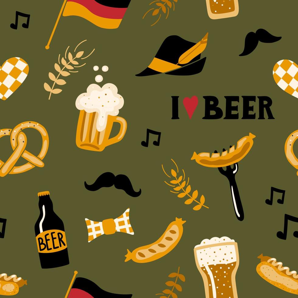 Hand drawn seamless pattern with traditional Beer fest attributes. Craft beer print. Doodle style. Vector repeating wallpaper.