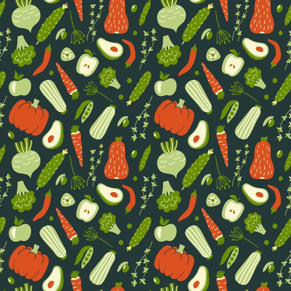 Modern seamless pattern with hand drawn green and red vegetables. Vector wallpaper. Good for printing.