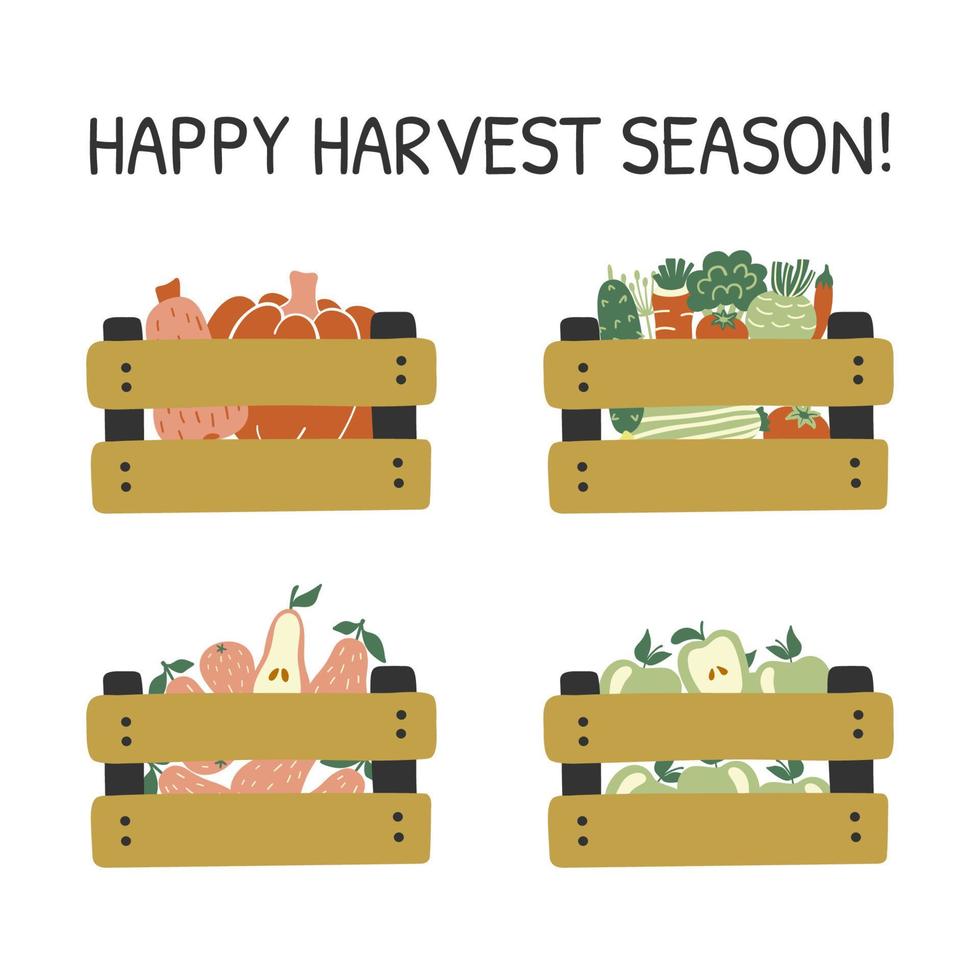 Hand drawn card with fruits and vegetables in a boxes and lettering Happy Harvest Season. Cartoon food print. Vector illustration.