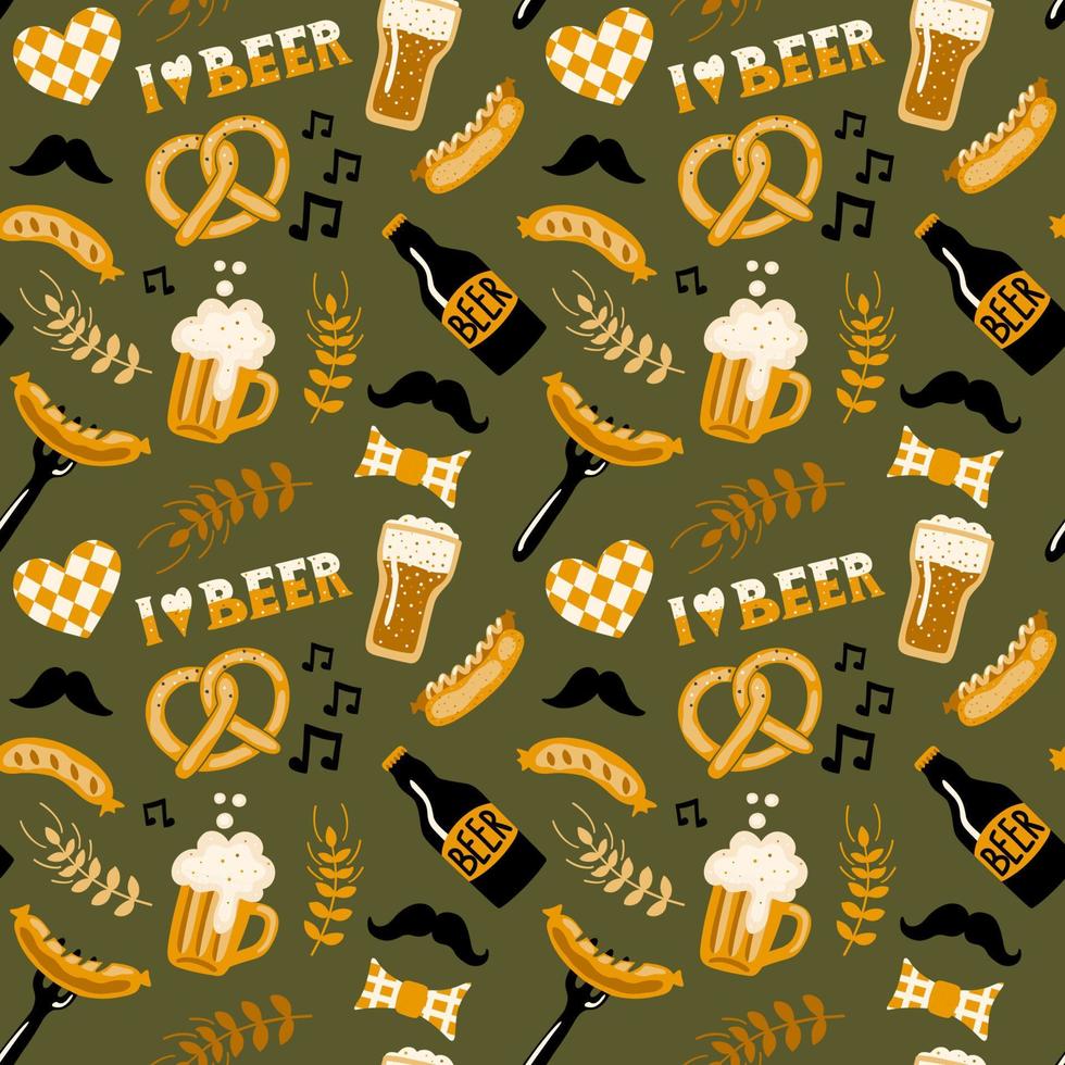 dibujado a mano estilo garabato cerveza y comida de patrones sin fisuras. Oktoberfest. papel tapiz de repetición vectorial. vector