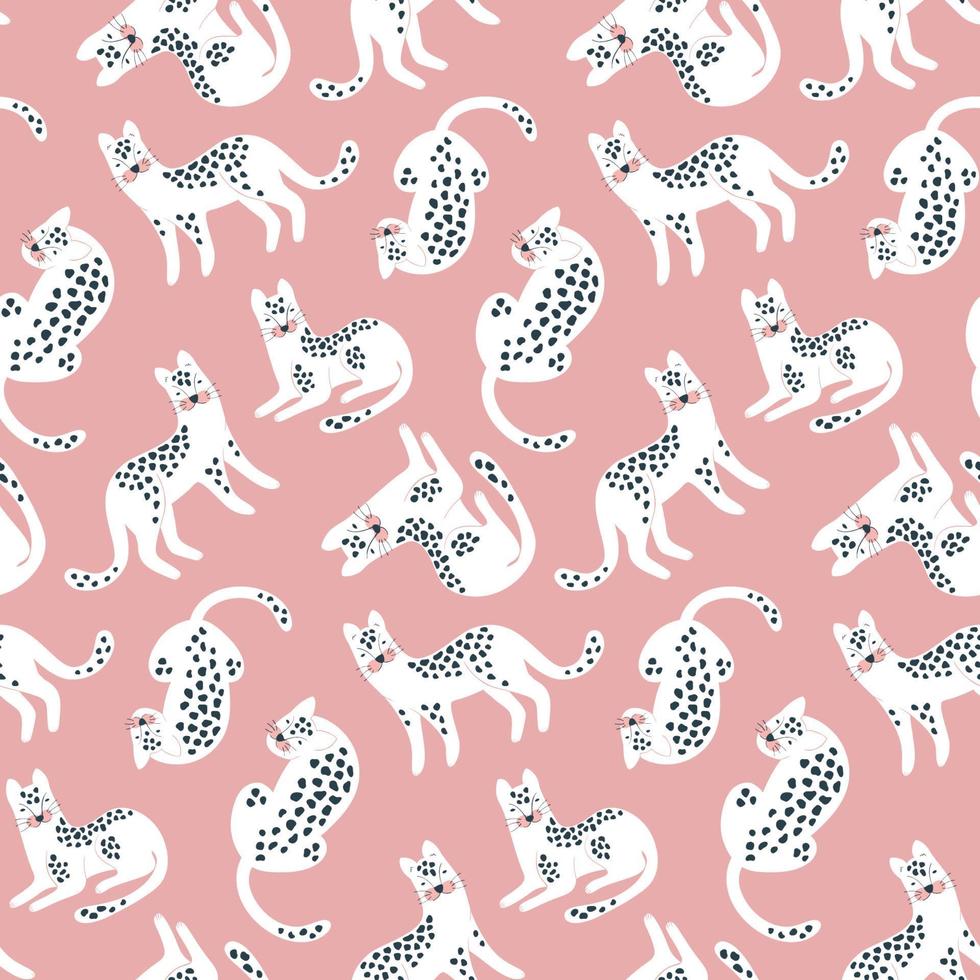 Patrón sin costuras dibujado a mano de moda con leopardos blancos sobre fondo rosa. impresión vectorial. vector