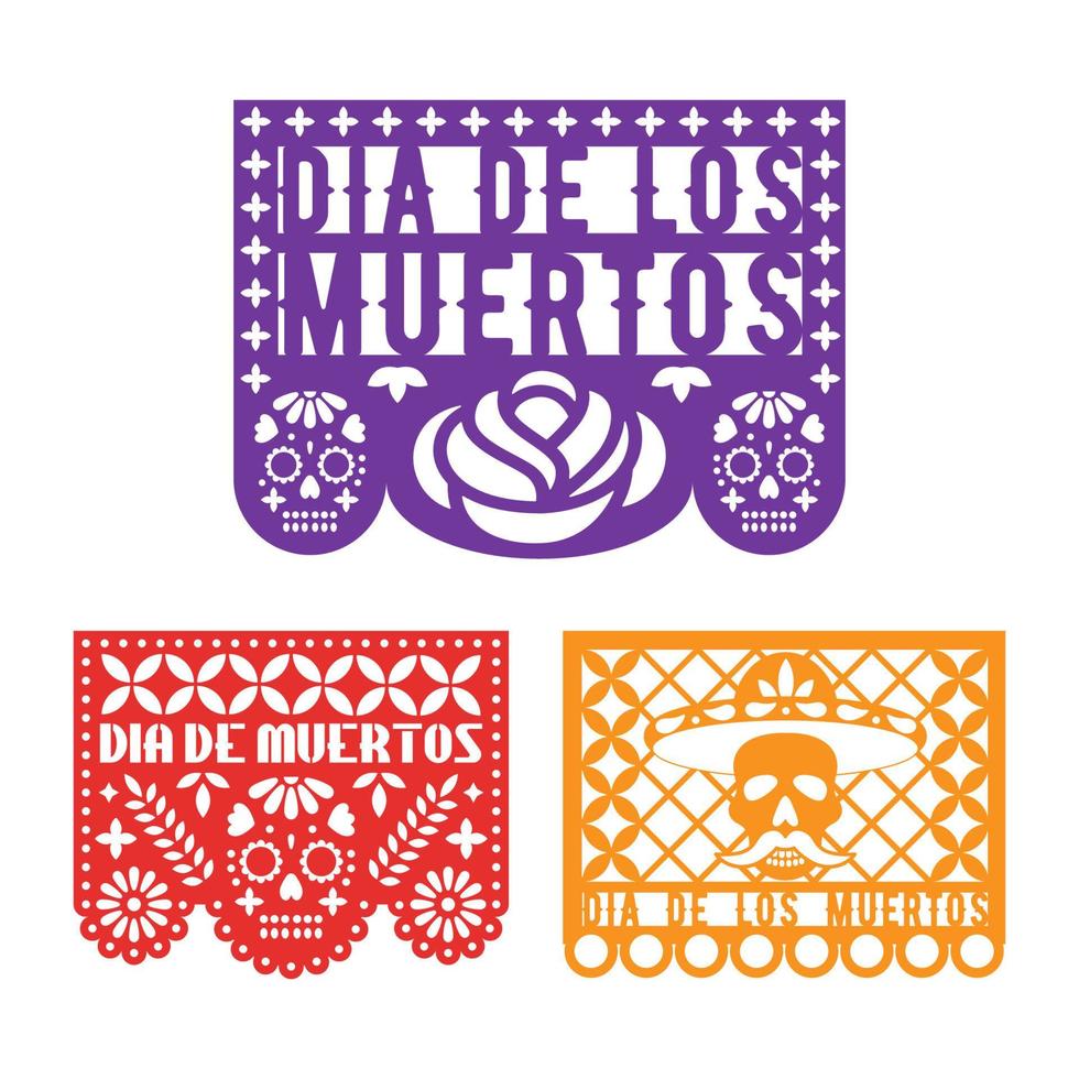 Papel picado, mexican paper decoration for Dia De Los Muertos holiday. Day Of The Dead. Vector template for paper garland.