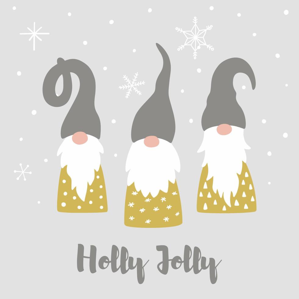 feliz tarjeta de navidad con lindos gnomos escandinavos, copos de nieve y texto holly jolly. ilustración de gnomo tomte. plantilla de diseño de vector de feliz año nuevo.