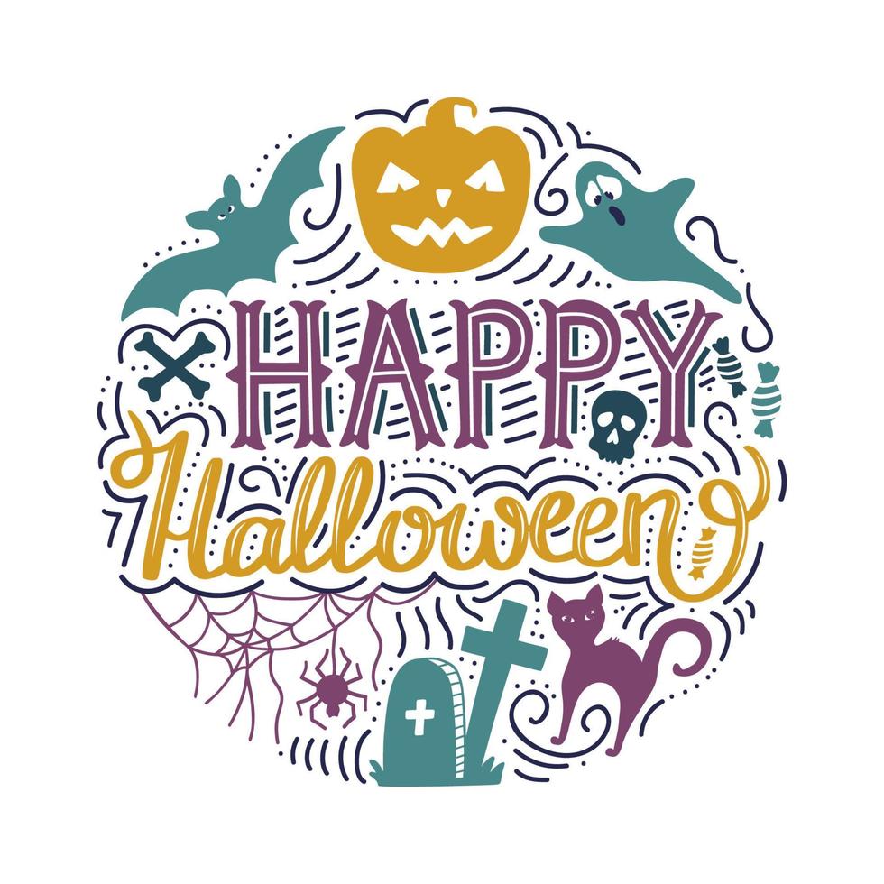 impresión redonda dibujada a mano con letras feliz halloween y garabatos calabaza, gato, murciélago, fantasma. ilustración vectorial vector