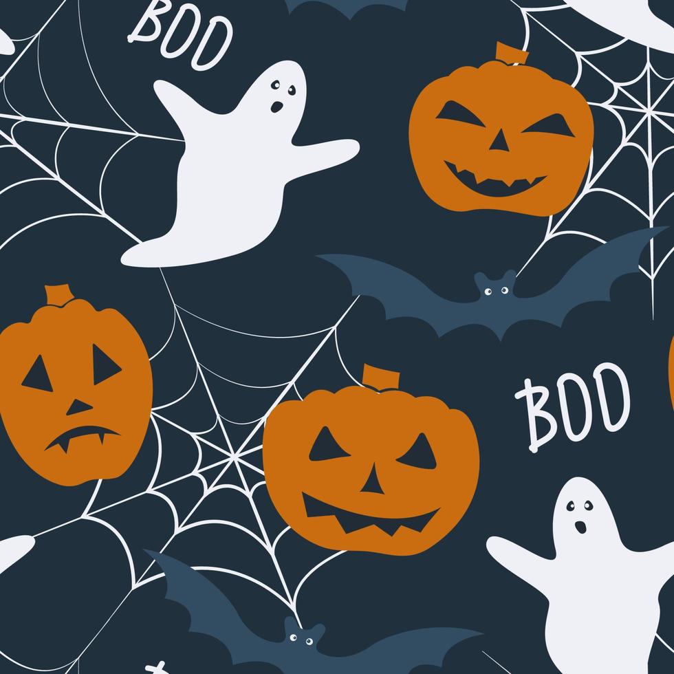 Halloween holiday seamless pattern with - pumpkin, ghost, spider web and bat. Vector repetitive wallpaper.