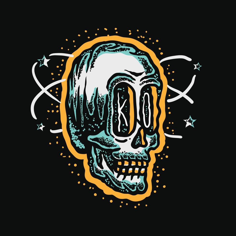 hand drawn illustration of a knockout skull with stars around the head vector