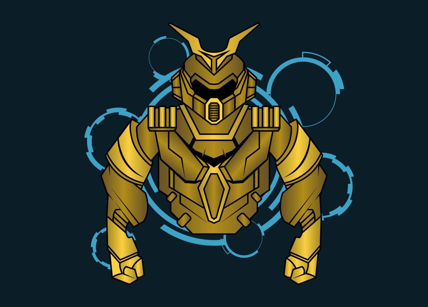 Modern vector illustration of Robotic Mecha Soldier Half Body armor. Golden metal colour. Trend design. Vector Eps 10. For game card, symbol of mascot.